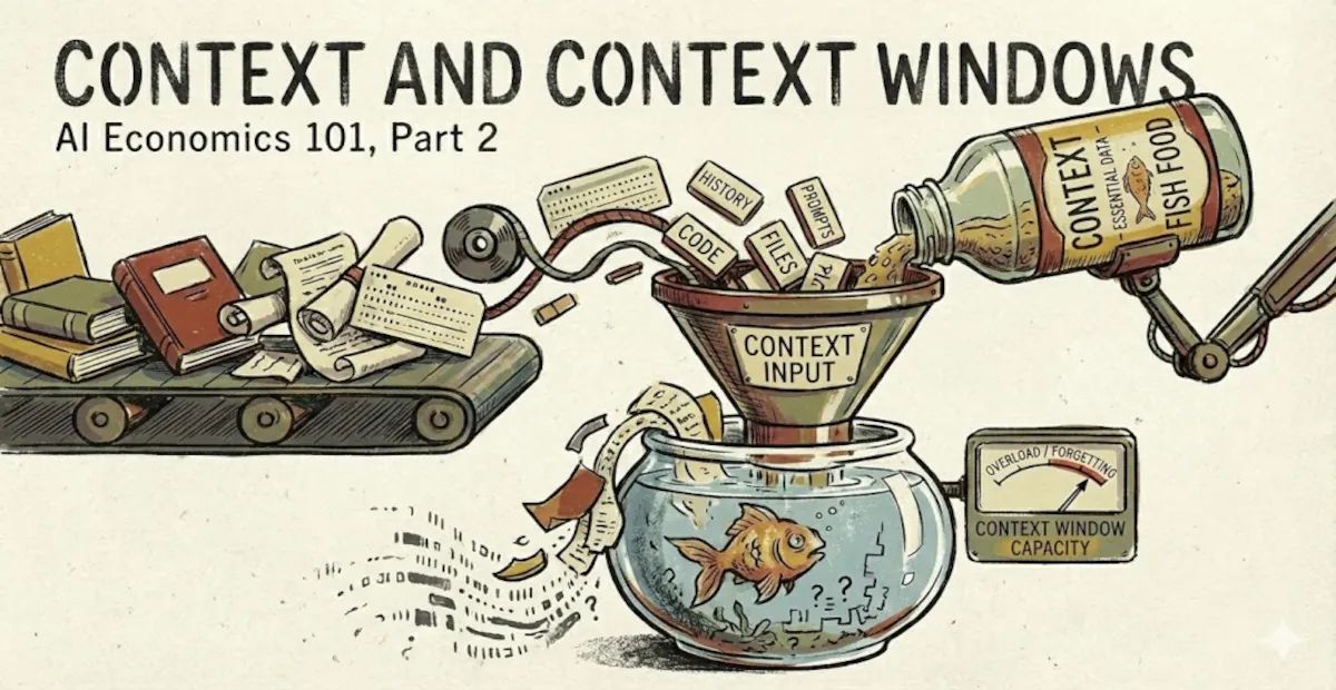 A bottle of fish food labeled 'context' being poured into a goldfish bowl
