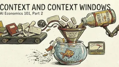 A bottle of fish food labeled 'context' being poured into a goldfish bowl