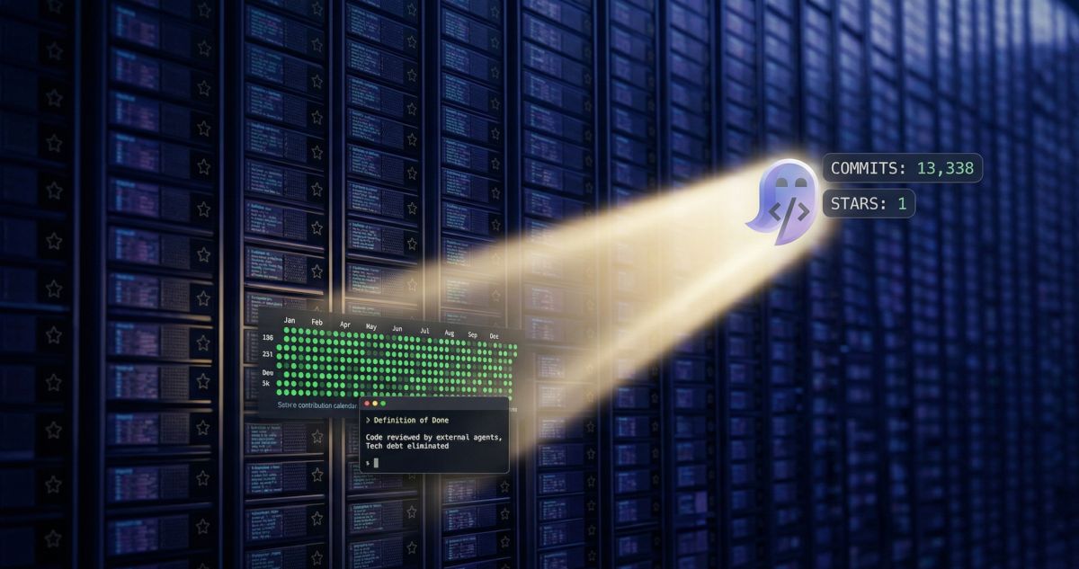 A ghost shines a flashlight on an endless wall of GitHub repos