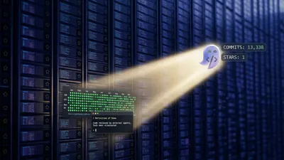 A ghost shines a flashlight on an endless wall of GitHub repos