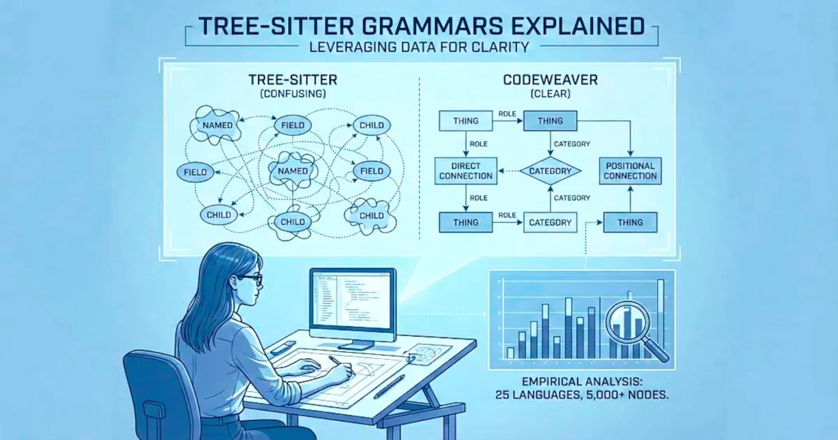 A woman working at a desk with diagrams on the wall representing code parsing and tree structures